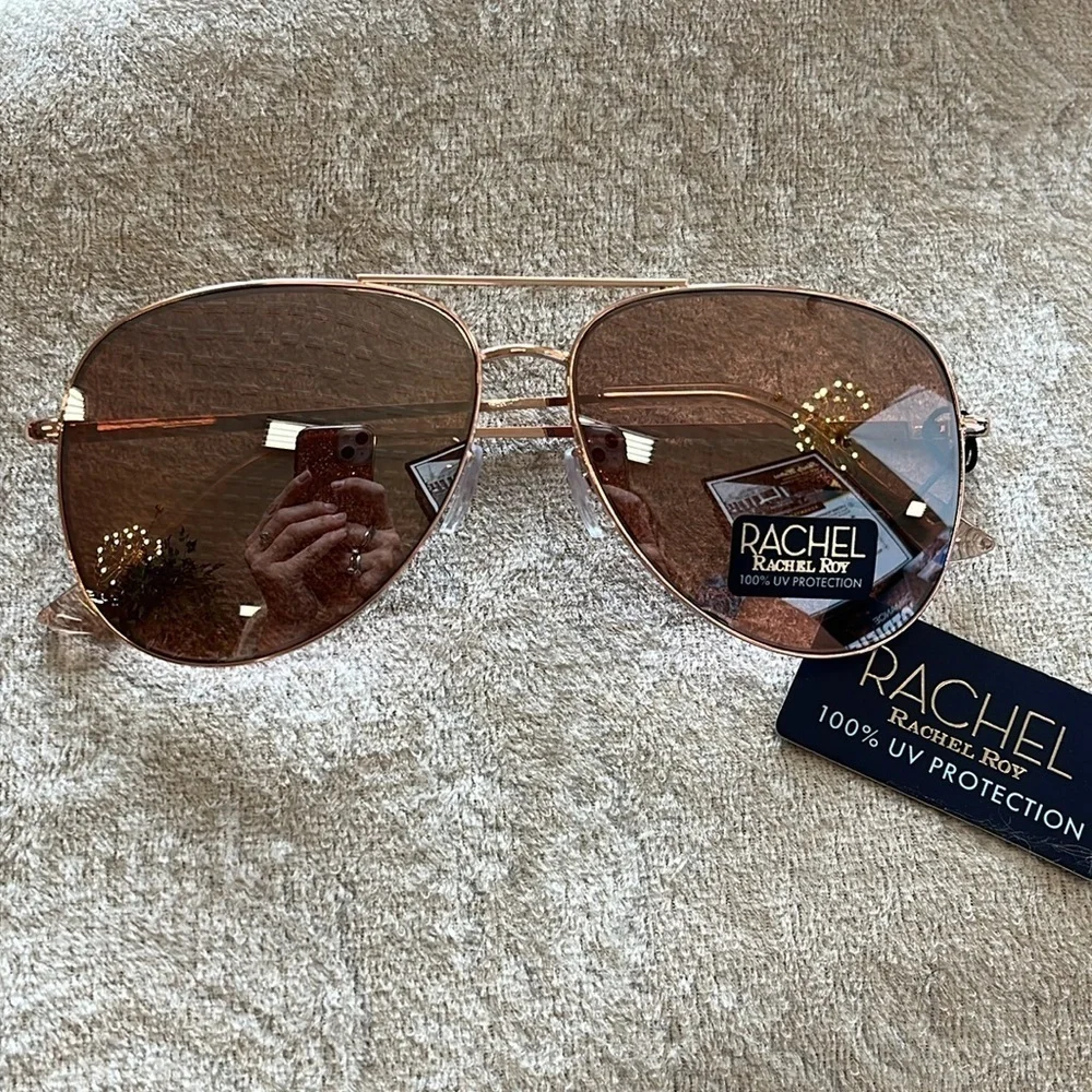 Brand New Rachel Roy Aviator Sunglasses Mirrored Rose Gold Tone Rimless